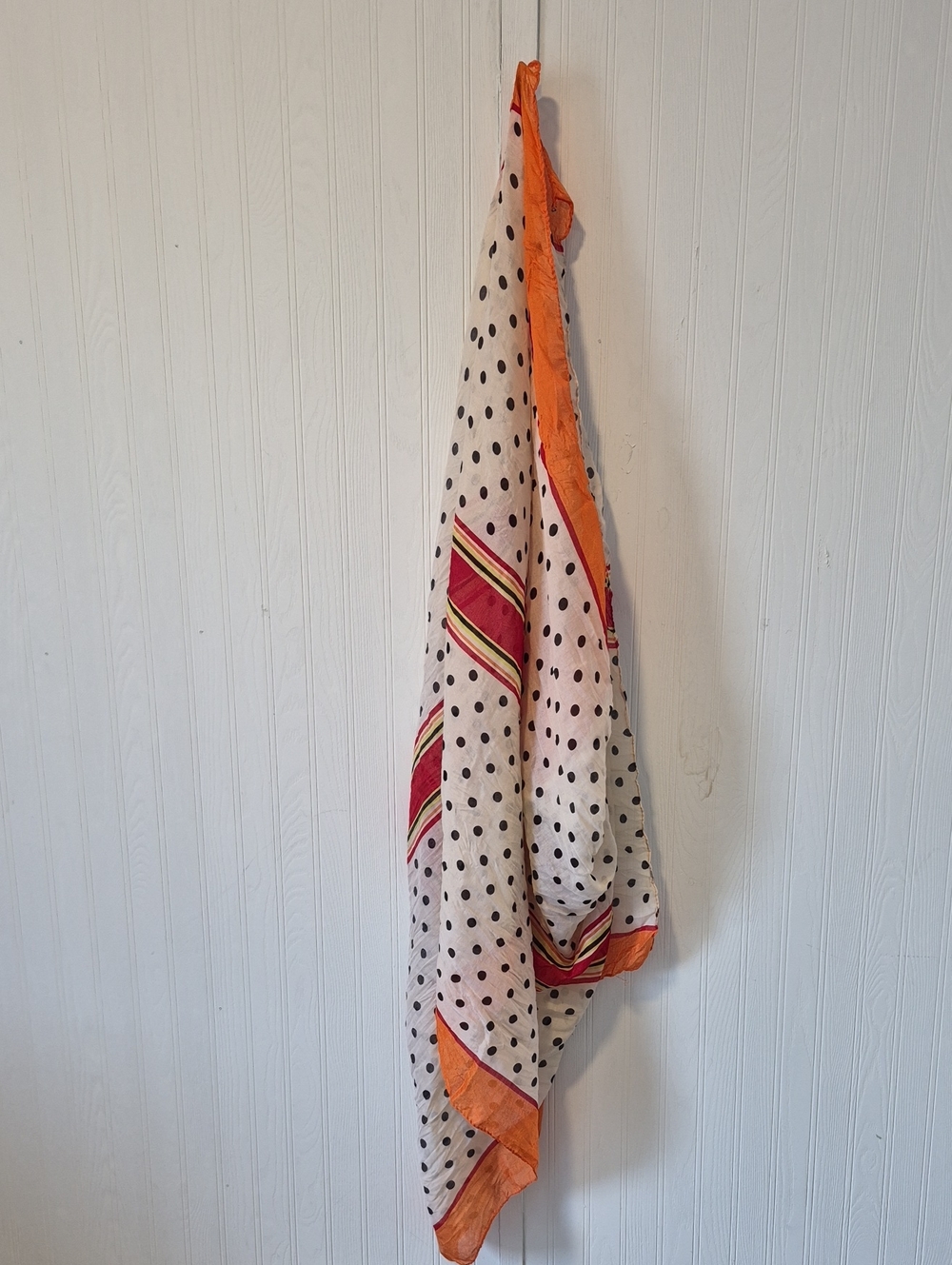 chic White Polka Dot Scarf with Orange Trim and Red Accents